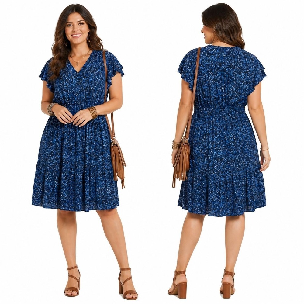 Terra &Sky Paisley Tiered Flutter Sleeve Dress Boho Romantic Cottagecore Plus 2X